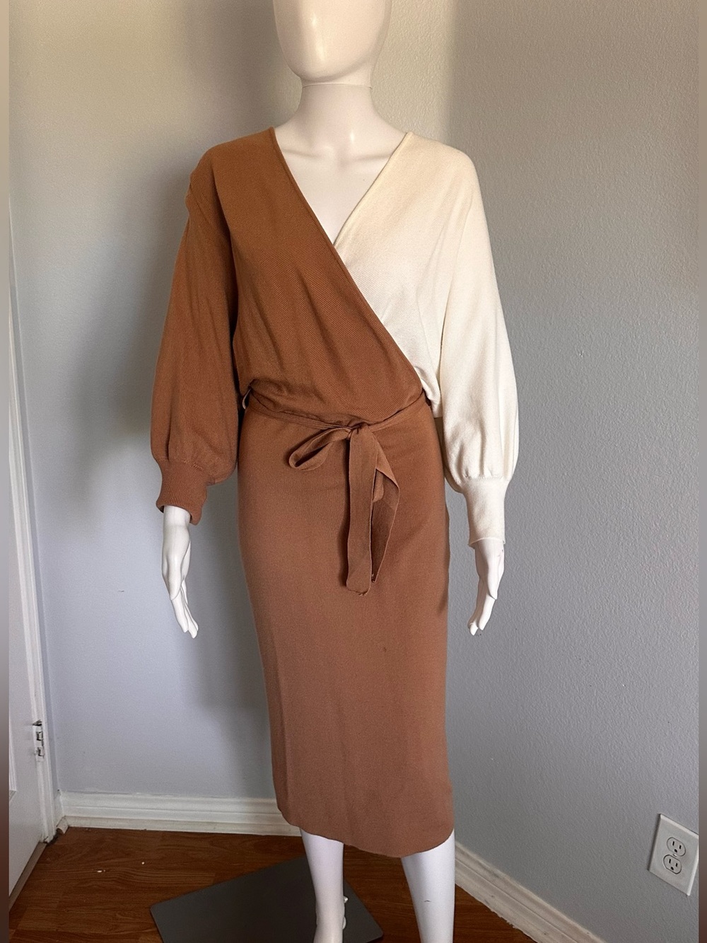 Petal & Pup Two-Tone Wrap Midi Dress - Cream & Camel